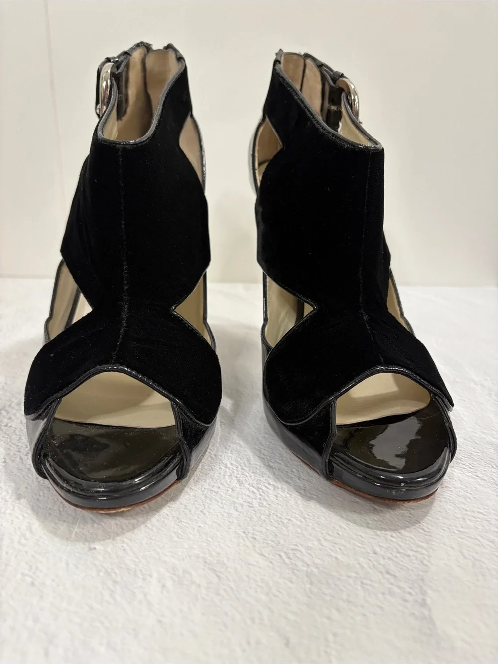 Black Velvet & Patent Leather Cutout High Heel Sandals 10.5